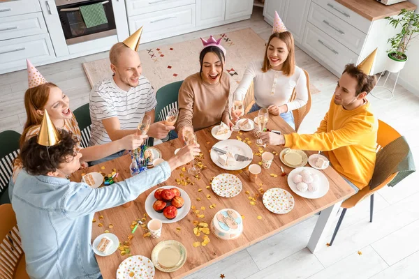 Group Young Friends Champagne Celebrating Birthday Kitchen — Stock Photo, Image