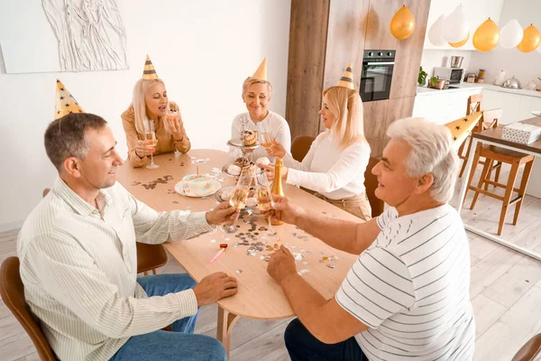 Mature People Glasses Champagne Celebrating Birthday Kitchen — Stock Photo, Image
