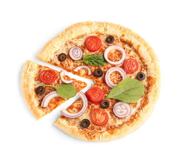 Lekkere Pizza Met Basilicum Tomaten Witte Achtergrond — Stockfoto