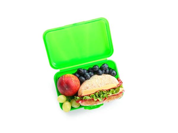 Lunchbox Met Heerlijk Eten Geïsoleerd Witte Achtergrond — Stockfoto