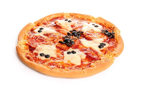 Leckere Pizza Zur Halloween Feier Auf Weißem Hintergrund — Stockfoto