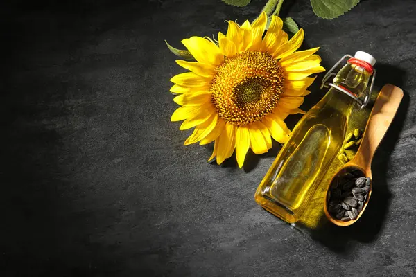 Пляшка Соняшникової Олії Дерев Яна Ложка Насінням Чорному Тлі — стокове фото