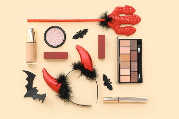 Different Makeup Products Halloween Decor Beige Background — Stock Photo, Image