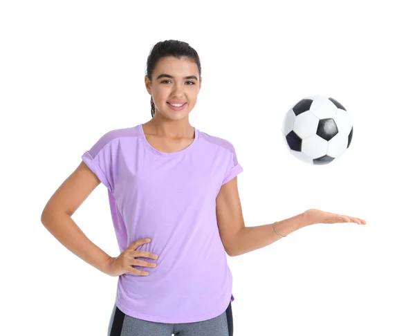 Sportig Ung Kvinna Med Fotboll Vit Bakgrund — Stockfoto