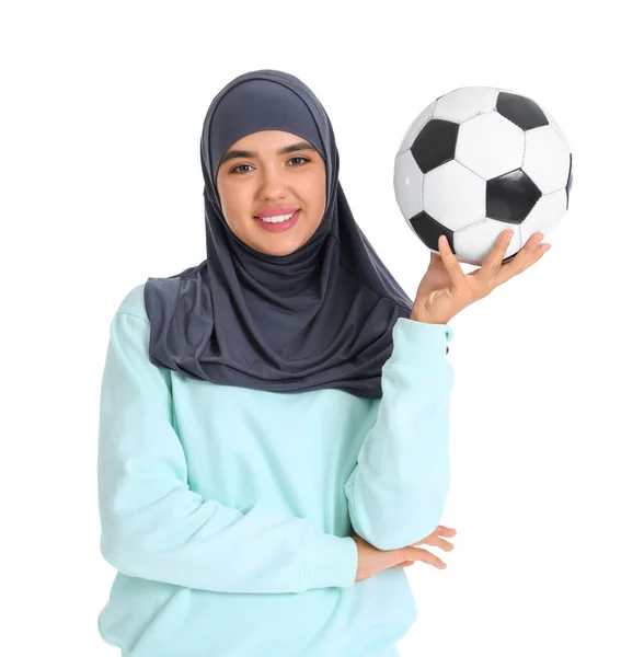 Jonge Moslim Vrouw Met Voetbal Witte Achtergrond — Stockfoto