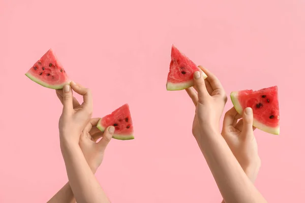 Female Hands Slices Ripe Watermelon Pink Background — Stock Photo, Image