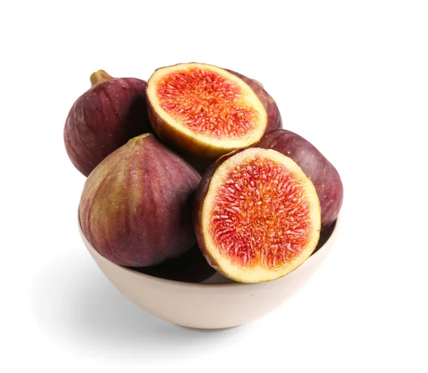 Bowl Full Ripe Fresh Figs Isolated White Background — Stock Photo, Image