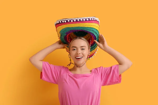 Pretty Young Woman Sombrero Orange Background — Stock Photo, Image