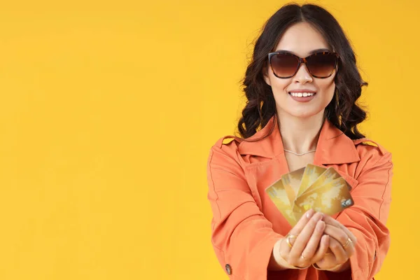 Young Asian Woman Credit Cards Yellow Background — Stock Photo, Image
