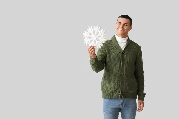 Young Man Knitted Sweater Snowflake Light Background — Stock Photo, Image