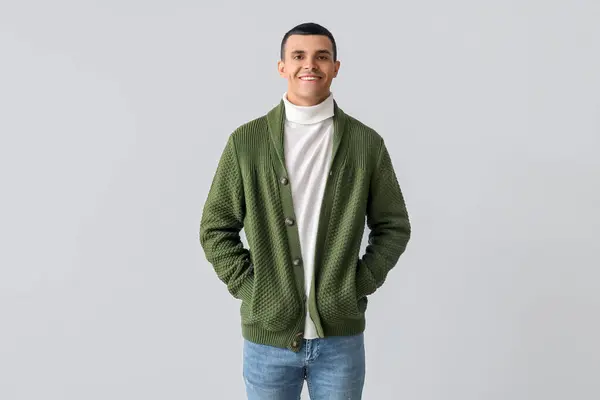 Young Man Knitted Sweater Light Background — Stock Photo, Image