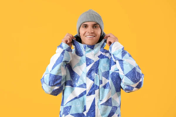 Young Man Winter Clothes Yellow Background — Stock Photo, Image