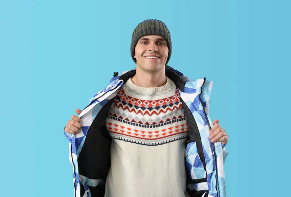 Young Man Winter Clothes Color Background — Stock Photo, Image