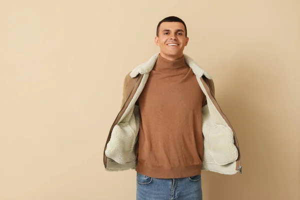 Young Man Sheepskin Jacket Beige Background — Stock Photo, Image