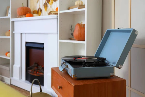 Record player on table in living room, closeup
