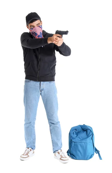 Male Student Gun White Background School Shooting Concept — Stock Photo, Image