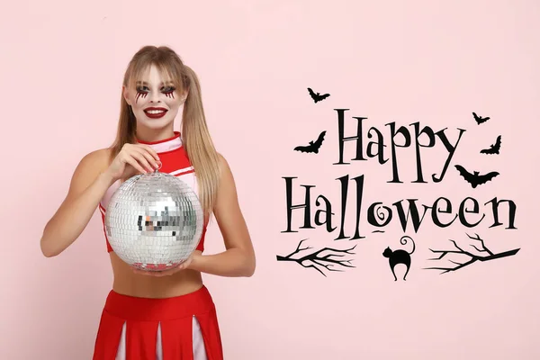Mujer Joven Disfraz Halloween Con Bola Disco Sobre Fondo Rosa — Foto de Stock