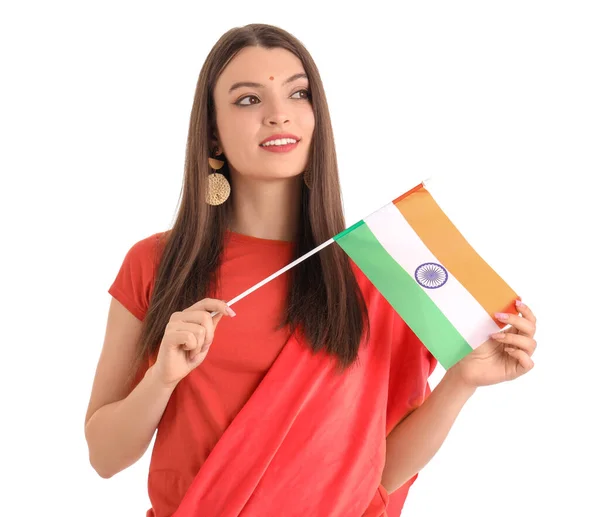 Młoda Kobieta Indyjską Flagą Białym Tle — Zdjęcie stockowe
