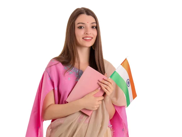 Mujer Joven Con Bandera India Libro Sobre Fondo Blanco — Foto de Stock