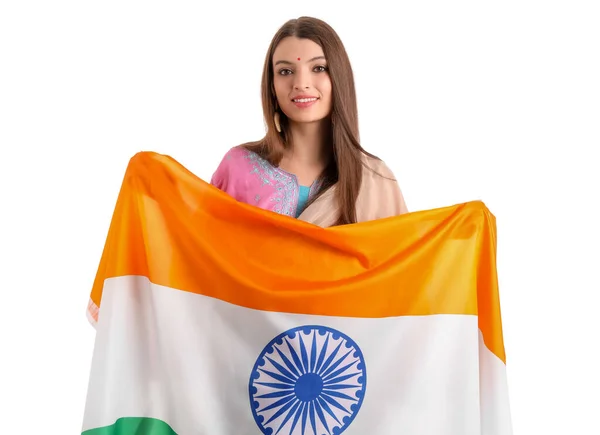 Young Woman Indian Flag White Background — Stock Photo, Image