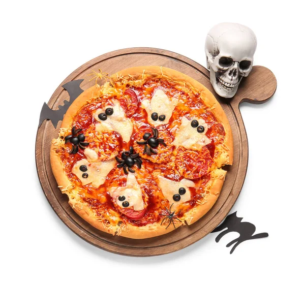 Wooden Board Tasty Pizza Halloween Celebration White Background — Stock Photo, Image