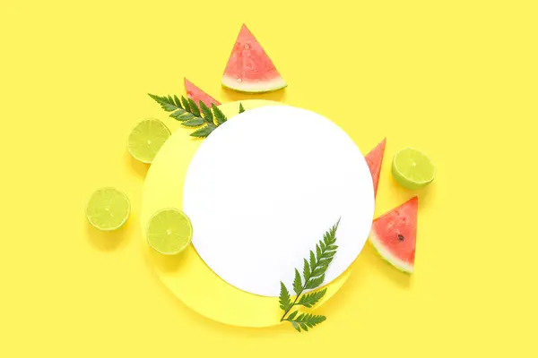 Blank Card Pieces Fresh Watermelon Lime Yellow Background — Stock Photo, Image