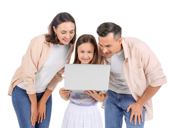 Happy Family Laptop Isolated White Background — Stock Photo, Image