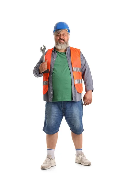 Portrait Senior Man Hardhat Wrench Isolated White Background Labor Day — Stock Photo, Image