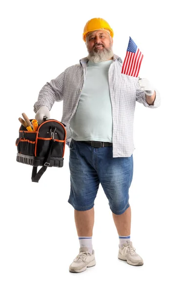 Portrait Senior Man Hardhat Bag Tools Usa Flag Isolated White — Stock Photo, Image