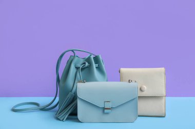 Renkli arkaplanda farklı şık çantalar