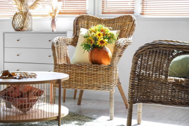 Oturma odasındaki hasır koltukta çiçekli balkabağı