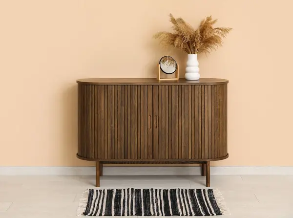 Stylish Striped Rug Wooden Cabinet Pampas Grass Vase Beige Wall — Stock Photo, Image