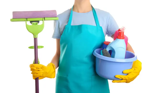 Trabalhador Serviço Limpeza Com Suprimentos Limpeza Esfregona Fundo Branco — Fotografia de Stock