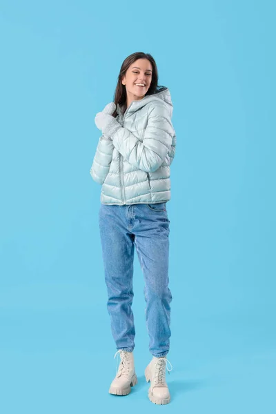 Young Woman Winter Clothes Blue Background — Photo
