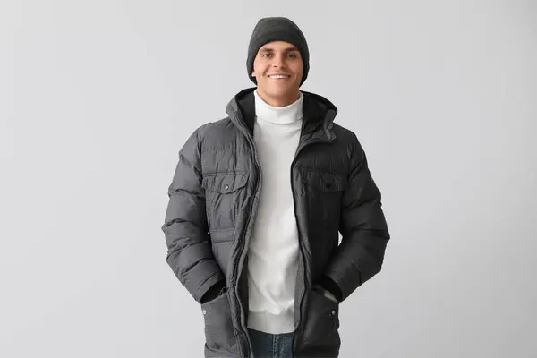 Young Man Warm Puffer Jacket Light Background — Stock Photo, Image