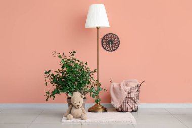 Standart lamba, oyuncak ayı ve pembe duvarın yanındaki bitki.