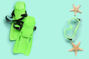 Yüzme maskesi, palet ve turkuaz arka planda denizyıldızı.