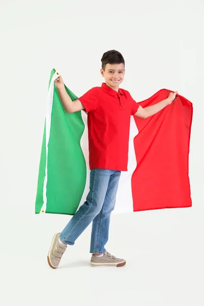 Malý Chlapec Vlajkou Itálie Světlém Pozadí — Stock fotografie
