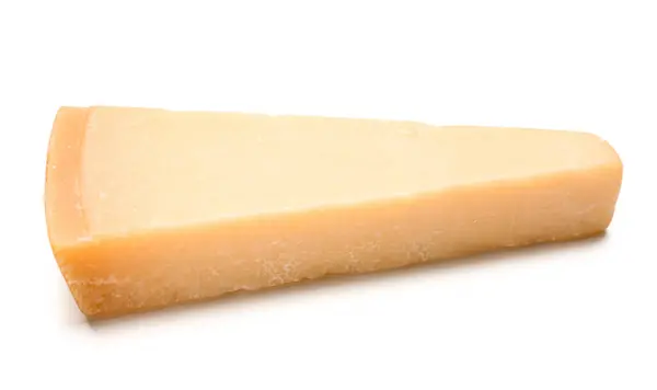 Piece Tasty Parmesan Cheese White Background — Stockfoto