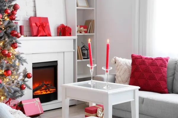Interior Festive Living Room Fireplace Christmas Tree Burning Candles Coffee — Stock Photo, Image