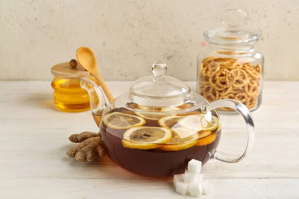 Glass Teapot Hot Tea Honey Pretzels Light Wooden Table — Stock Photo, Image