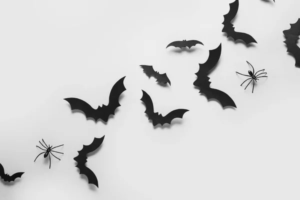 Paper Bats Spiders Halloween Party Grey Background — Stock Photo, Image