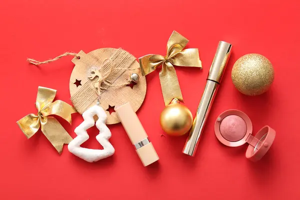 Composition Makeup Products Christmas Decor Red Background — Stock Photo, Image