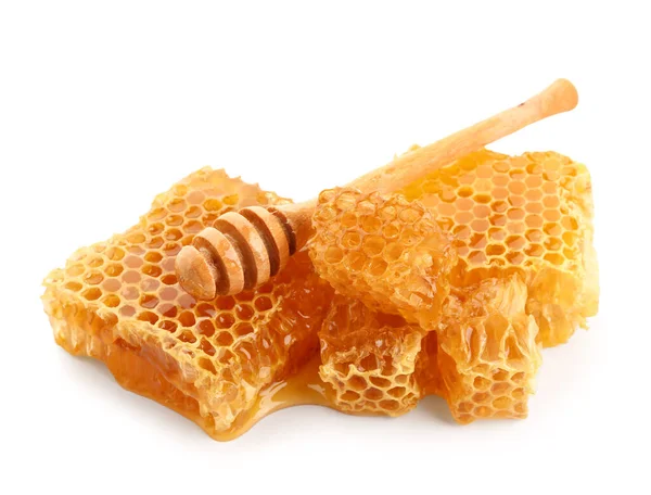 Söta Honeycombs Och Dipper Vit Bakgrund — Stockfoto
