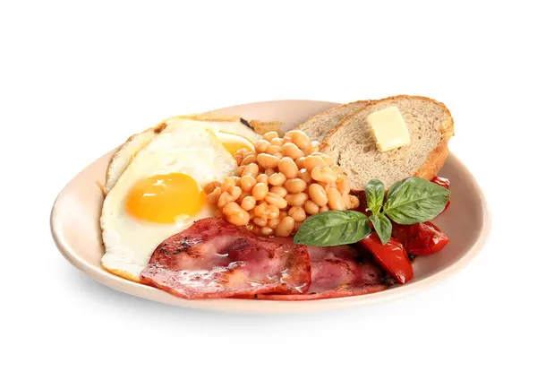 Plaat Van Smakelijk Engels Ontbijt Met Gebakken Eieren Witte Achtergrond — Stockfoto
