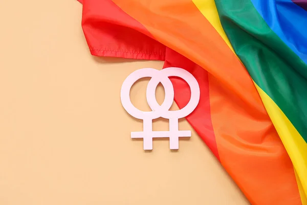 Lgbt Rainbow Flag Female Gender Symbols Beige Background — Stock Photo, Image