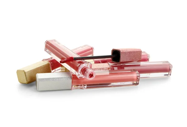 Schöne Flüssige Rosa Lippenstifte Verschiedenen Farbtönen Auf Weißem Hintergrund — Stockfoto