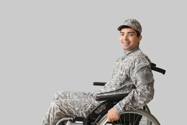 Young Soldier Wheelchair Light Background — Stock Photo, Image
