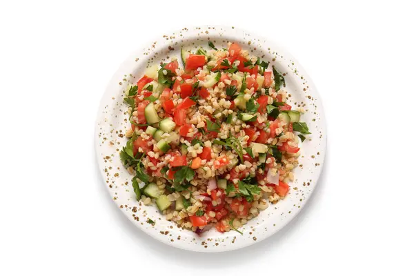 Bord Met Heerlijke Tabbouleh Salade Witte Achtergrond — Stockfoto