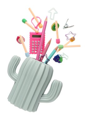 Beyaz arkaplanda uçan farklı kırtasiyeye sahip Holder